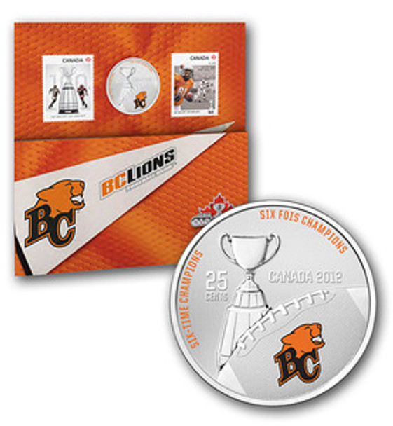 2012 THE BC LIONS - 25-CENT COLOURED COIN AND STAMP SET