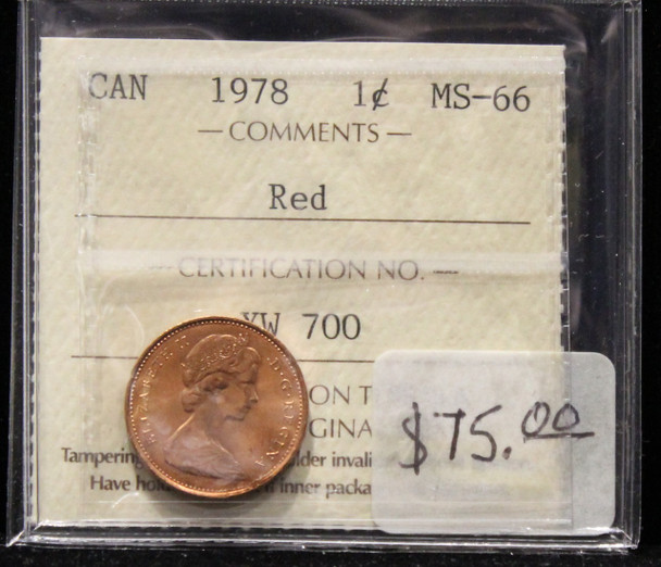 1978 CANADIAN ONE CENT ICCS MS - 66 (RED)