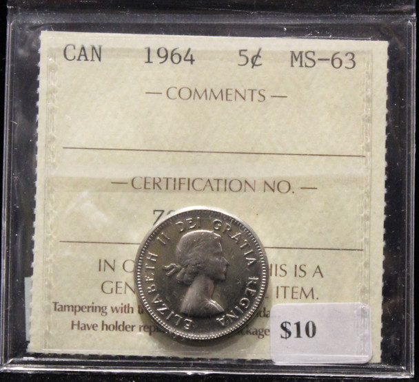 1964 CANADIAN FIVE CENT ICCS MS-63