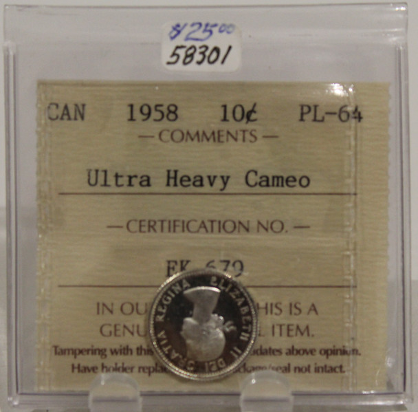 1958 CIRCULATION 10-CENT COIN - ULTRA HEAVY CAMEO - PL-64