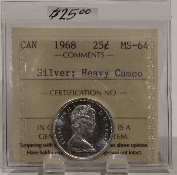 1968 CIRCULATION 25-CENT COIN - SILVER, HEAVY CAMEO - MS64