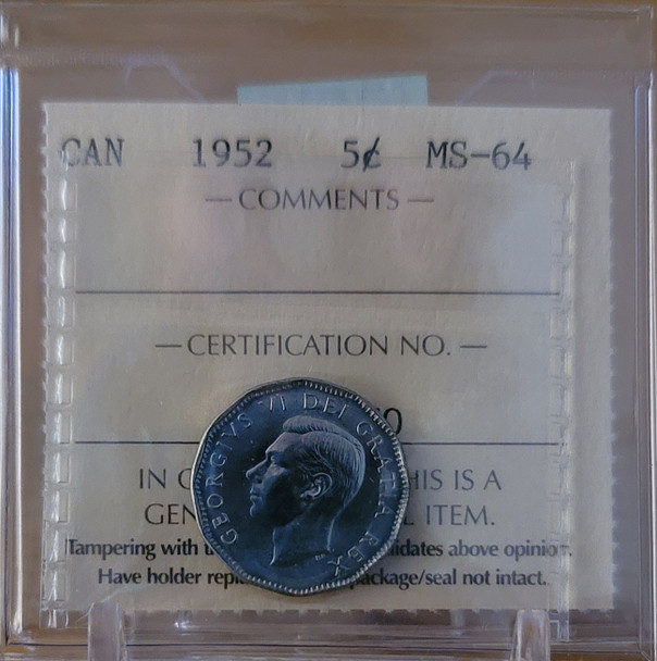 1952 CANADA CIRCULATION 5 CENT MS-64 $25