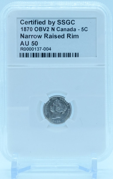 1870 5 CENT OBV2 N CANADA NARROW RAISED RIM – AU 50 - GRADED
