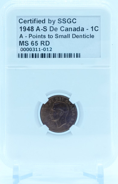 1948 1 CENT CANADA A-S DE A-POINTS TO SMALL DENTICLE – MS 65 RD – GRADED