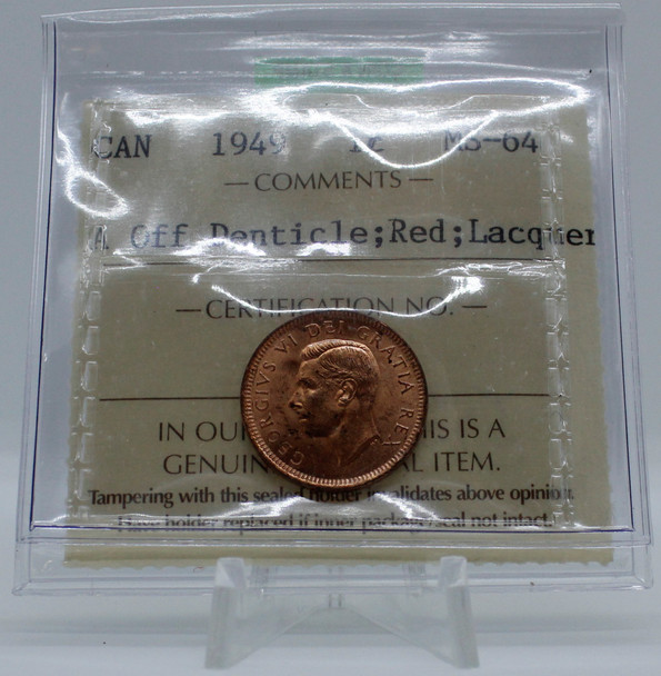 1949 CIRCULATION CANADIAN 1-CENT MS-64 A OFF DENTICLE; RED; LACQUER