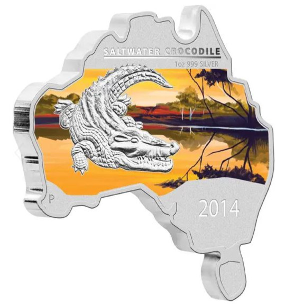 2014 AUSTRALIAN MAP SHAPED CROCODILE FINE SILVER COIN (NO OUTER SLEEVE)