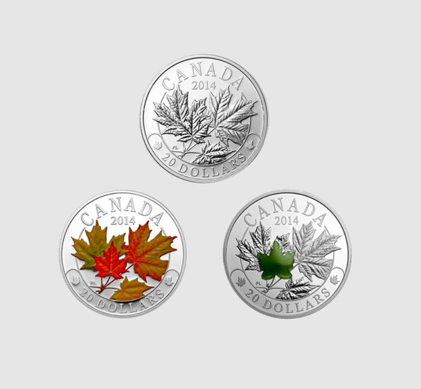 2014 $20 FINE SILVER 3 COIN SET MAJESTIC MAPLE LEAVES  (NO SLEEVE, TONED)