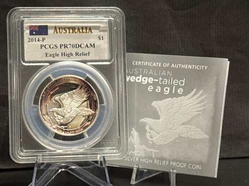 E-TRANSFER ONLY - 2014-P 1oz $1 AUSTRALIA PCGS PR70DCAM EAGLE HIGH RELIEF FINE SILVER COIN