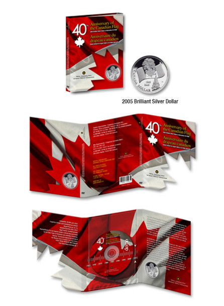 2005 COMMEMORATIVE BRILLIANT UNCIRCULATED SILVER DOLLAR WITH INTERACTIVE CD-ROM  40TH - ANNIVERSARY OF CANADA FLAG