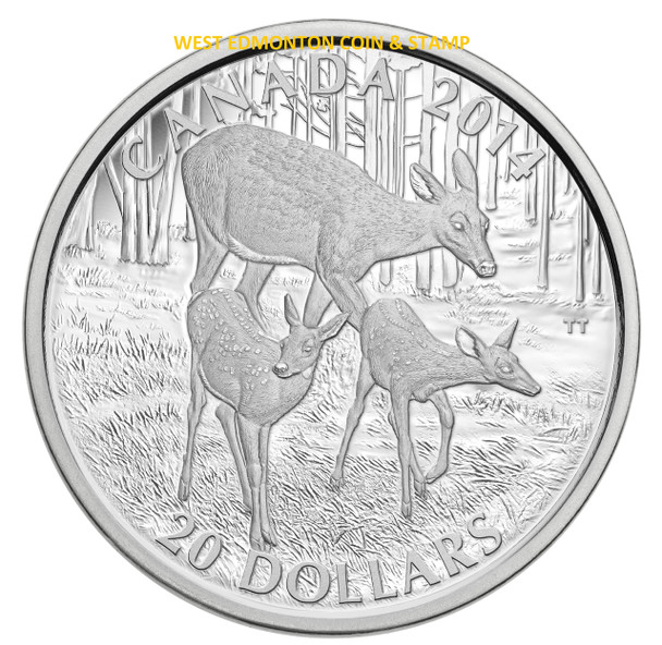 2014 $20 FINE SILVER COIN THE WHITE-TAILED DEER - A DOE AND HER FAWNS