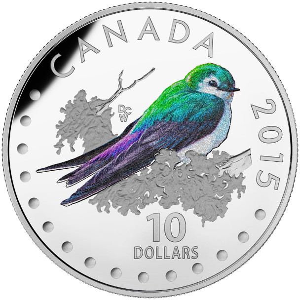 2015 $10 FINE SILVER COIN COLOURFUL SONGBIRDS OF CANADA: VIOLET-GREEN SWALLOW