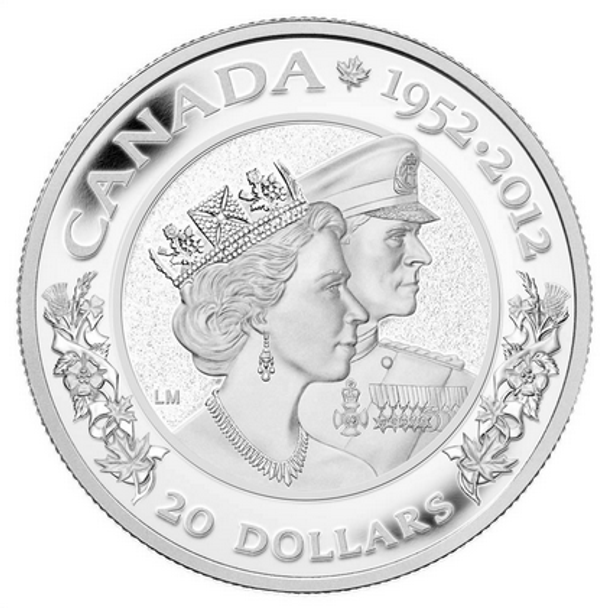 2012 $20 FINE SILVER COIN - THE QUEEN'S DIAMOND JUBILEE1952-2012 DOUBLE EFFIGY
