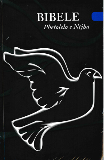 A black cover with the title BIBELE Phetolelo e Ntjha, and a flying dove drawn with white lines on the black background.