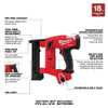 Milwaukee 2749-20 M18 FUEL Narrow Crown Stapler highlighting tool specifications, driving power, magazine capacity, and cordless fastening features.
