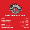 Milwaukee 2631-20 M18 Brushless 7-1/4 inch circular saw specifications including 5000 RPM and 50 degree bevel capacity.