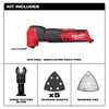 Milwaukee 2526-20 M12 FUEL oscillating multi-tool with included wood cutting blade, sanding pad, and sanding sheets.