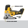 DEWALT DCS335B cordless barrel grip jig saw highlighting brushless motor, LED work light, and keyless blade change.