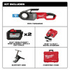 Milwaukee 2874-22HD M18 FUEL pipe threader kit includes batteries, charger, support arm, and carrying case.