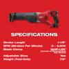 Milwaukee 2621-20 M18 SAWZALL reciprocating saw specifications and performance details.