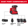 The Milwaukee 2649-20 sander connected to a vacuum using the included universal adapter for 95% dust collection.