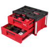 Milwaukee 48-22-8442 PACKOUT 2-Drawer Tool Box with fully extended drawers, customizable dividers, and organized storage for tools, hardware, and accessories.