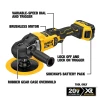 DEWALT DCM849B rotary polisher highlighting brushless motor, variable-speed dial and trigger, lock-on trigger, sideways battery pack, and rubber gear case overmold.