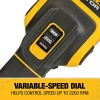 Close-up of the variable-speed dial on the DEWALT DCM849B cordless rotary polisher with adjustable speeds from 1,800 to 2,200 RPM.