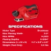 Milwaukee 2524-20 M12 Brushless 2-inch planer specifications including 14,500 RPM, 2.2-inch planing width and 5/64-inch maximum depth.