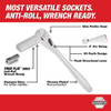 Milwaukee 48-22-9486 ratchet and socket set featuring 90-tooth ratchets, 4-degree arc swing, slim profile head, anti-roll sockets, and chrome-plated finish.