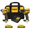 DEWALT DCK225D2 cordless combo kit featuring ATOMIC compact drill/driver, impact driver, charger, two 20V MAX 2.0Ah lithium-ion batteries, and durable contractor bag.