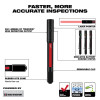 Milwaukee 2010R Rechargeable 250L Penlight with laser showing rechargeable battery, laser pointer, and removable clip features.