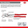 Knipex 8604100SBA 4 Inch Pliers Wrench XS feature infographic showing smooth parallel jaws, push-button adjustment and precision gripping.