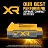 DEWALT POWERSTACK compact battery delivering increased power, longer battery lifespan, and compact design compared to standard 20V MAX batteries.