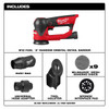 Milwaukee 2535-20 M12 FUEL detail sander kit contents showing dust bag, vacuum adapter, backing pad, and sanding sheets.