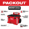 Milwaukee 48-22-8427 PACKOUT Rolling Tool Box highlighting all-terrain wheels, telescoping handle, reinforced construction, and PACKOUT modular storage connectivity.
