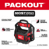 Milwaukee 48-22-8311 PACKOUT 10-inch Structured Tote highlighting tear-resistant construction, reinforced handle, padded shoulder strap, and PACKOUT connectivity.