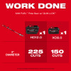 Milwaukee 3016-20PS M18 FUEL pole saw showing work done and battery cut capacity comparison.
