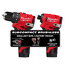 Milwaukee M12 Subcompact Brushless drill driver and impact driver comparison graphic showing compact lightweight design.