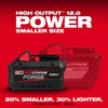 Milwaukee M18 FORGE REDLITHIUM XC8.0 battery compared to HIGH OUTPUT HD12.0 with smaller size and lighter weight.