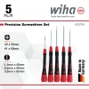 Wiha 26195 PicoFinish 5-piece precision Phillips and slotted screwdriver set retail packaging showing included screwdriver sizes and product specifications.