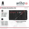 Wiha 26199 8-piece precision Phillips and slotted screwdriver set with canvas storage pouch, showing included screwdriver sizes and retail packaging.