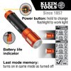Klein Tools 56412 rechargeable LED flashlight showing flashlight and worklight brightness modes, battery life indicator, runtime, and IP66 weather resistance.