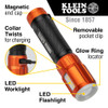 Klein Tools 56412 rechargeable LED flashlight showing magnetic end cap, removable pocket clip, glow locator ring, USB-C charging, and integrated LED worklight.