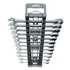 Front view of the Wiha 30391 12 Piece Metric Combination Ratchet Wrench Set with organized storage rack and polished metric ratcheting wrenches.