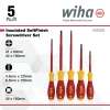 Wiha 32059 SoftFinish insulated screwdriver set with 5 insulated slotted, Phillips, and square screwdrivers rated to 1,000V for professional electrical work.