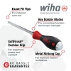 Feature overview of the Wiha 53082 SoftFinish XHeavy Duty screwdriver set highlighting SoftFinish cushion grip, precision tips, hex bolsters for increased torque, and metal striking caps.