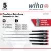Wiha 26192 5-piece precision screwdriver set with extra-long 150 mm slotted and Phillips screwdrivers featuring precision-machined exact-fit tips.