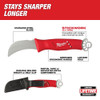 Milwaukee 48-22-1924 Lineman's Hawkbill Knife highlighting its razor-sharp hawkbill blade, ergonomic handle, and integrated STICKWORK 3-in-1 utility ring for linemen and electricians.