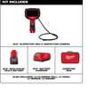 Milwaukee 2323-21 kit components including M12 battery, charger, 32GB SD card, and hook, mirror, and magnet attachments.
