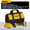 DeWalt DCG410WW1 angle grinder kit including 20V MAX XR brushless grinder, 8Ah battery, fast charger, wrench, guard, side handle, and tool bag.